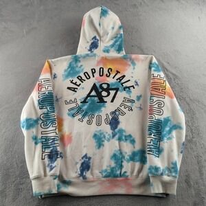 Aeropostale Hoodie Mens XL White Tie-Dye A87 Logo Pullover Sweatshirt Graphic